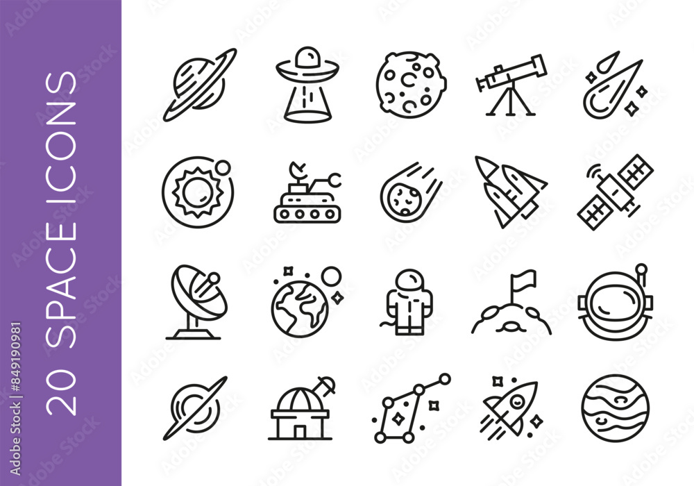 Space icons. Set of 20 space trendy minimal icons. Example: Planet, UFO, Moon, Telescope, Comet icon. Design signs for web page, mobile app, packaging design. Vector illustration. Space icons. Set of 20 space trendy minimal icons. Example: Planet, UFO, Moon, Telescope, Comet icon. Design signs for web page, mobile app, packaging design. Vector illustration.