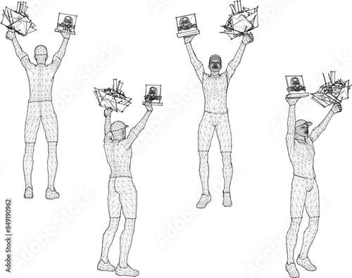 Vector illustration sketch design drawing of the winner in the competition receiving a trophy and flower wreath