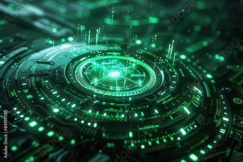 Futuristic green digital interface on a circuit board, showcasing advanced technology and innovation in electronics and artificial intelligence.