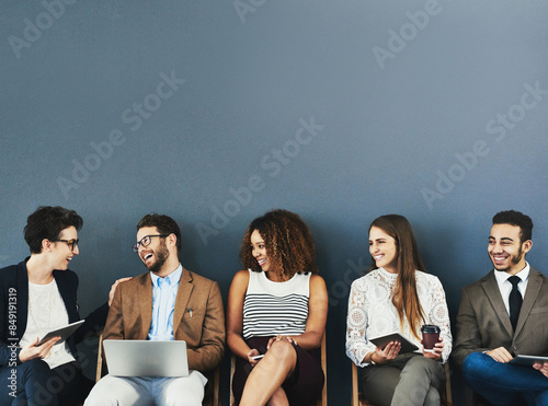 Fotografie Business, employee and office queue with devices, connection and tech with people for online networking