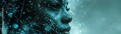 Futuristic profile of a person with digital elements, symbolizing technology integration and advanced artificial intelligence innovations. © Pairat