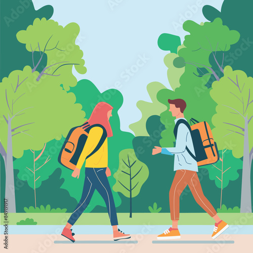 Young man woman walking park, casual clothes, backpacks, talking, summer day, green trees background. Male female hikers nature trail, engaging conversation, outdoor activity, leisure stroll. Two