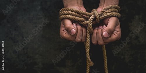 Close-up image of hands tied with a thick rope, symbolizing captivity or lack of freedom Dark moody background adds to the concept photo