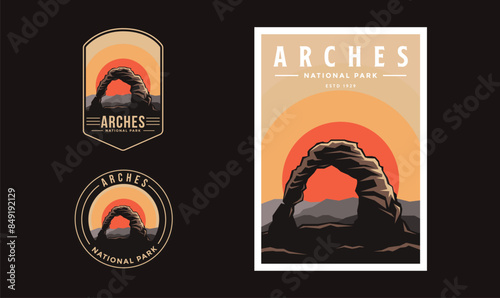 Set of Arches National Park graphic illustration badge poster vector