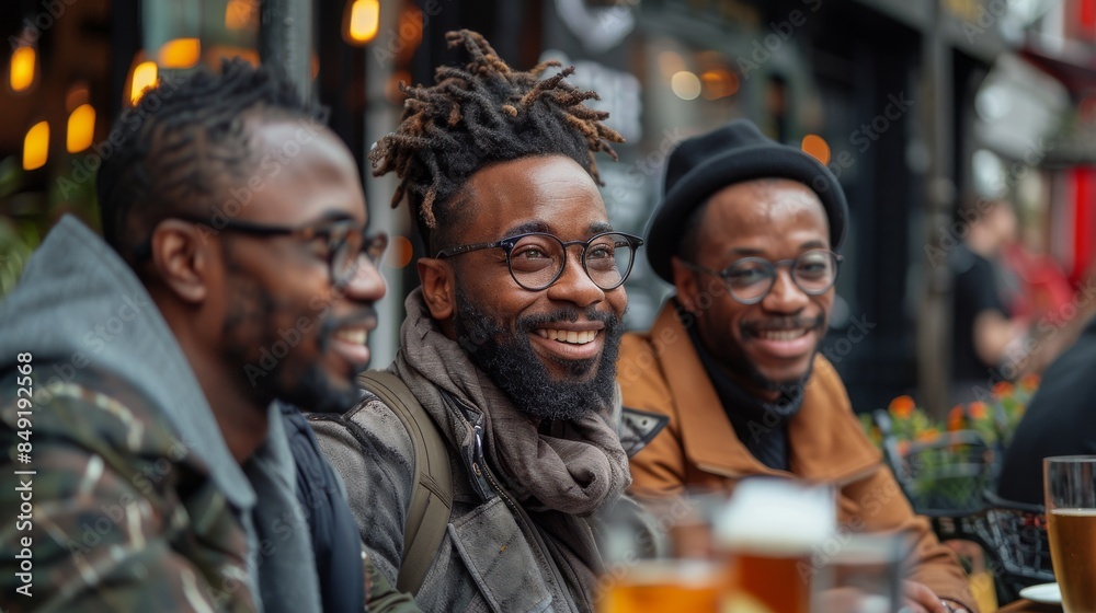 Obraz premium Three joyful men sharing a light moment over drinks at an outdoor café, reflecting friendship and happiness