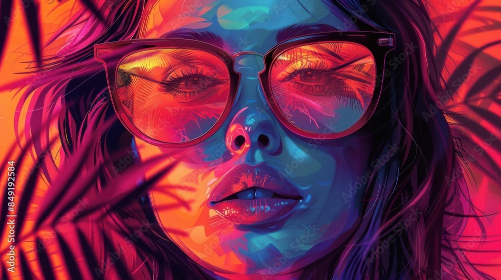 Vibrant artistic portrait of a woman wearing sunglasses, illuminated by colorful lighting, creating a dynamic and surreal vibe. Vibrant artistic portrait of a woman wearing sunglasses, illuminated by colorful lighting, creating a dynamic and surreal vibe.