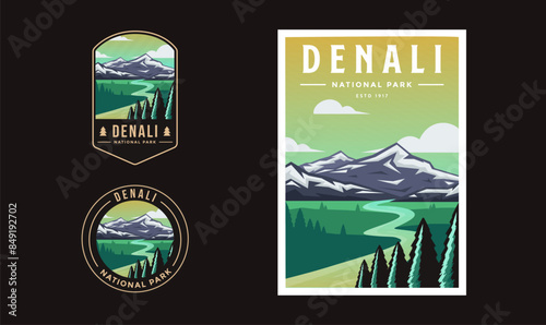 Set of Denali National Park graphic illustration badge poster vector