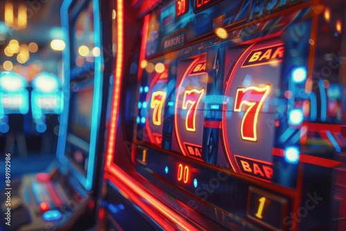 Vibrant slot machines in a casino setting with neon lights. Spinning reels displaying the number seven. Gambling, jackpot, and excitement.