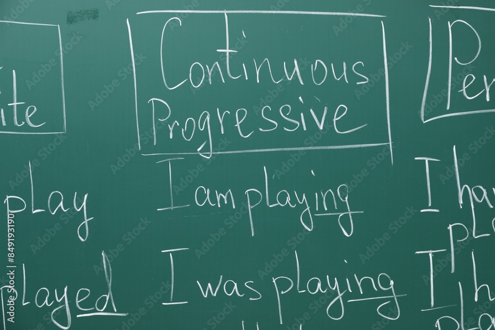 English grammar rules written with chalk on green board