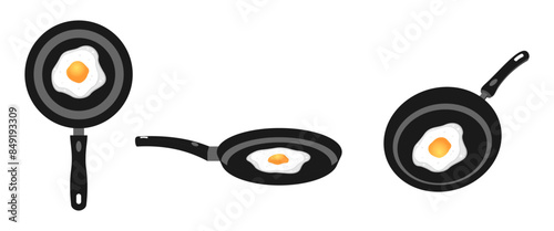 fried egg on frying pan vector set with different view. vector illustration isolated on white background.