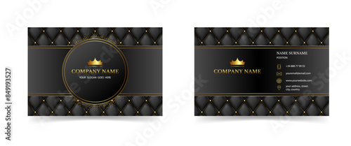 Luxury business card template leather black upholstery diamond with gold.Vector stock illustration.