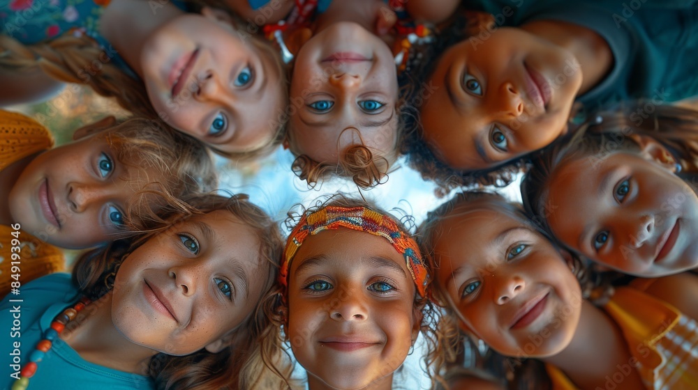 A cluster of diverse and joyful children's faces form a circle, gazing down towards the camera with bright eyes A cluster of diverse and joyful children's faces form a circle, gazing down towards the camera with bright eyes