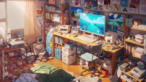 4K looping video of a messy room with a bed covered in clothes, a desk with monitors and speakers, shelves, a rolling chair, wall posters, and a cluttered floor with books, papers, electronic devices.