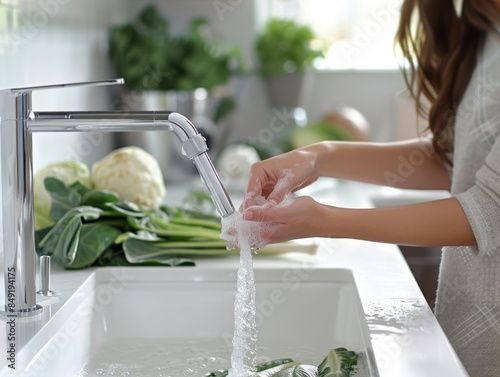 A beautiful women washing vagitables in modern kitchen photo