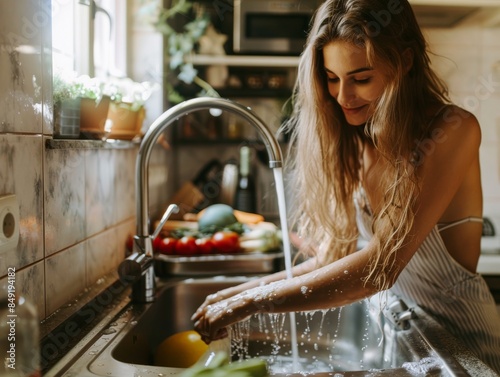 A beautiful women washing vagitables in modern kitchen photo