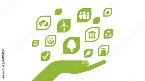 Sustainability green hand. Environment, society and governance.  Renewable , sustainable energy and eco friendly. Vector illustration	

