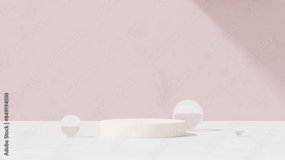 Background featuring an empty product display mockup with a pink backdrop and abstract geometric platforms designed for showcasing merchandise in landscape orientation. Background featuring an empty product display mockup with a pink backdrop and abstract geometric platforms designed for showcasing merchandise in landscape orientation.
