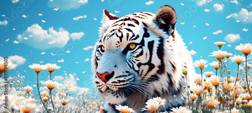 tiger chases deerin the prairie white flowers dotted,clean blue sky background, ai generative photo