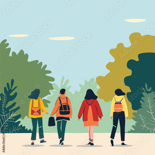 Four people walking through park peaceful stroll friends group diverse individuals. Casual clothing backpacks outdoors leisure activity bonding. Illustration depicts people walking away experiencing