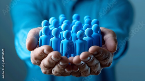 A businessman is carrying a 3D-rendered gathering of blue people, Generative AI.
