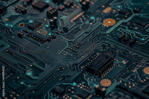 A detailed image of a green circuit board with intricate pathways.