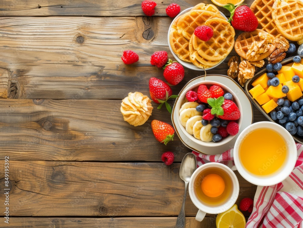 breakfast on wood background, top view breakfast on wood background, top view