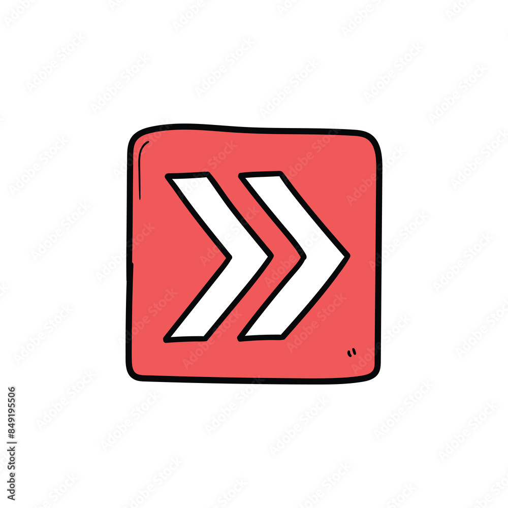 Hand drawn cartoon icon two white arrows in a red square on a white background. Hand drawn cartoon icon two white arrows in a red square on a white background.