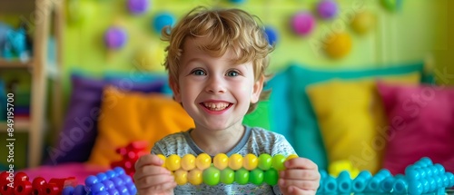 A child's hands hold an anti-stress sensory pop tube plastic toy. A joyful young boy plays with a poptube fidget toy at home, Generative AI. photo