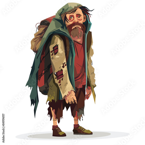 Homeless man illustration, looking tired sad, wearing tattered clothes large coat. Drawing male character beard, unkempt hair, patched jacket, expressing despair. Cartoon homeless person stands