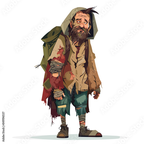 Homeless man cartoon character, beard, tired expression, ragged clothes, standing, disheveled appearance, cartoon style. Desperate male figure, patches, tattered jacket, worn boots begging poverty