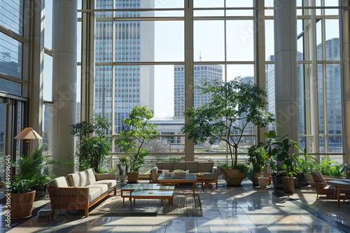 Eco-friendly banking office: Solar panels on the roof and plants throughout a modern bank interior.