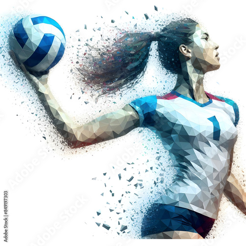 Dynamic Volleyball Player in Low Poly Style with Shatter Effect on White Background