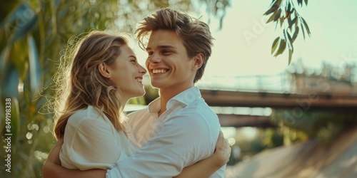 Loveful mature Caucasian husband and wife staring at each other and smiling. A man clutching his wife's hand and embracing her intimately in a backyard. photo