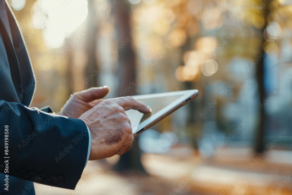 Business, outside, tablet-using male with social media, email, and research. With technology, city, and internet search network, broker, accountant Business, outside, tablet-using male with social media, email, and research. With technology, city, and internet search network, broker, accountant