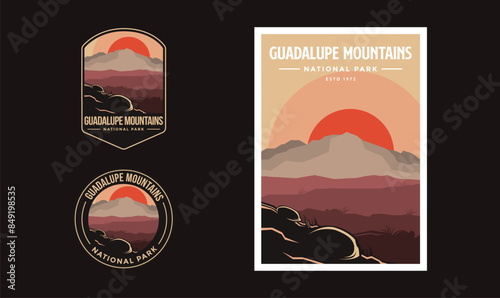 Set of Guadalupe Mountains National Park graphic illustration badge poster vector