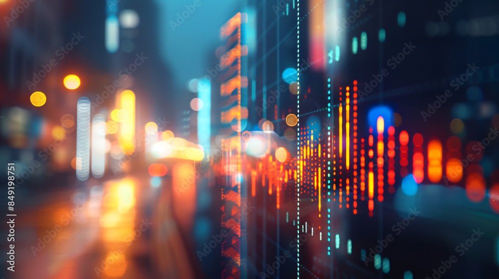 Obraz premium Abstract colorful charts and blurred city lights used to visualize financial market data
