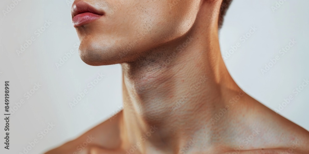 Skincare, neck, and guy in studio for beauty, wellbeing, and hydration on white. Model, perspiration, cosmetic, moisture, and serum throat skin care; fitness, exercise, and Skincare, neck, and guy in studio for beauty, wellbeing, and hydration on white. Model, perspiration, cosmetic, moisture, and serum throat skin care; fitness, exercise, and