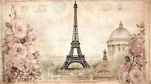 cozy Paris street with view on the famous Eiffel Tower, Paris France, vintage postcards