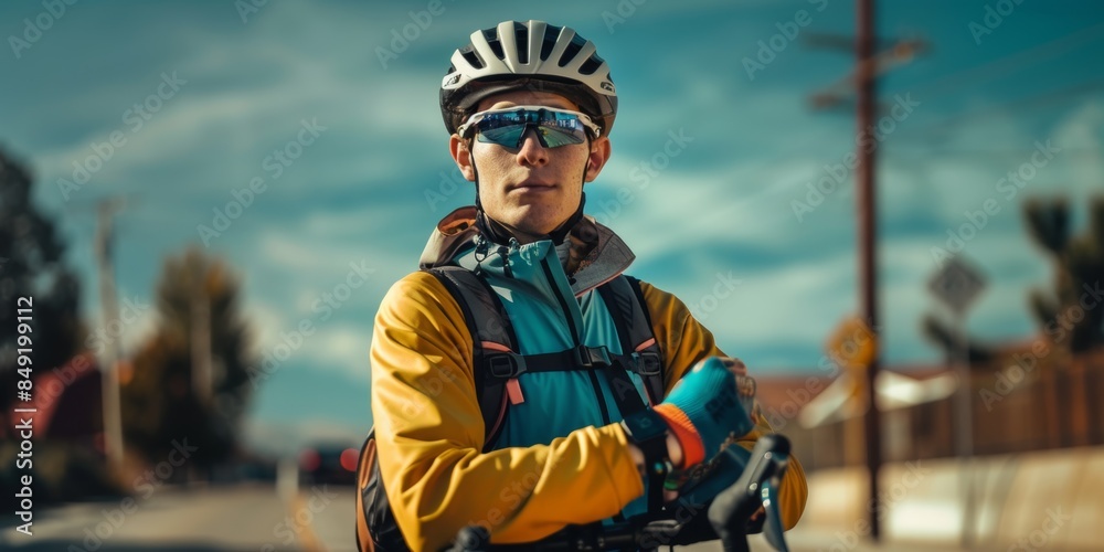 A man with spectacles and gloves ties or removes his helmet. Safety helmet on athletic young man. Outdoor training or ride preparation for a professional cyclist A man with spectacles and gloves ties or removes his helmet. Safety helmet on athletic young man. Outdoor training or ride preparation for a professional cyclist