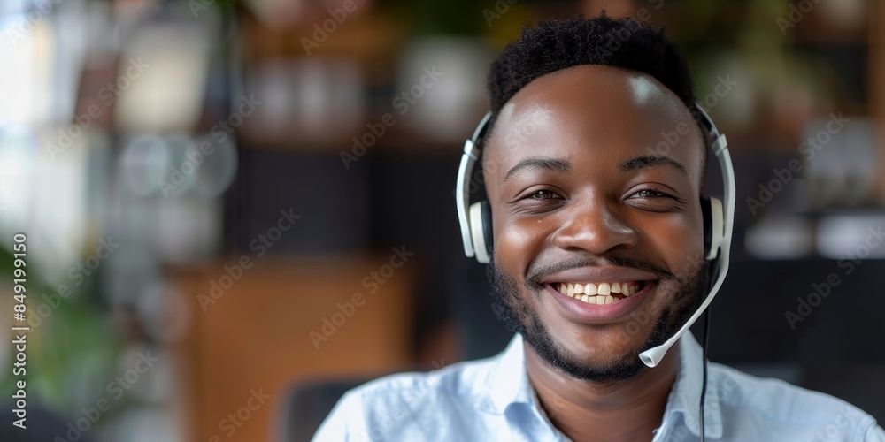 One joyful smiling African American contact center telemarketing agent in office with headset. Confident and courteous businessman manning helpdesk for customer and sales support
