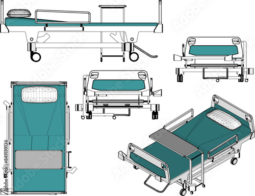 Vector illustration sketch drawing detailed design of hospital gurney for patient