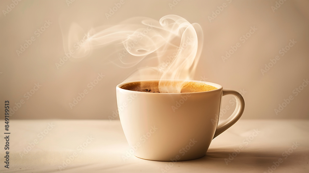 steaming cup of coffee on a white table against a beige background
