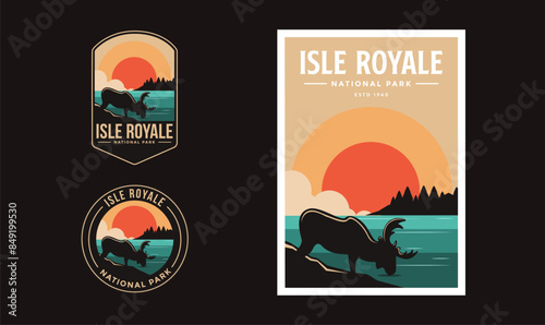 Set of Isle Royale National Park graphic illustration badge poster vector