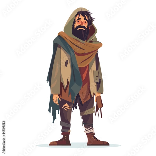 Homeless man looks destitute, disheveled beard tattered clothes sad expression. Wanderer tired standing alone weary cloak boots ragged appearance isolated background. Beggar poor state melancholic