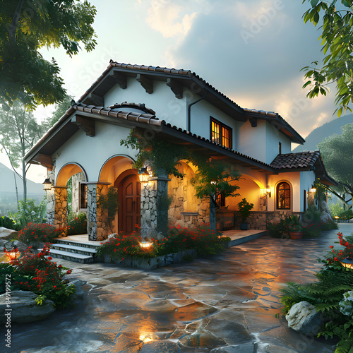 3d rendering of a beautiful villa in the mountains at sunset © Wazir Design
