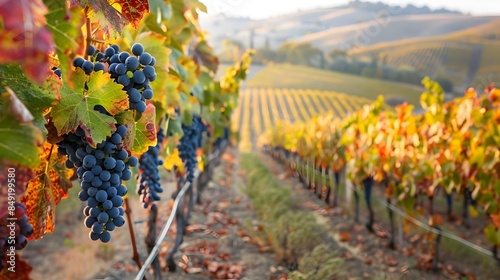Stunning Autumnal Vineyard Landscape with Ripe Grapes and Vibrant Foliage © pkproject