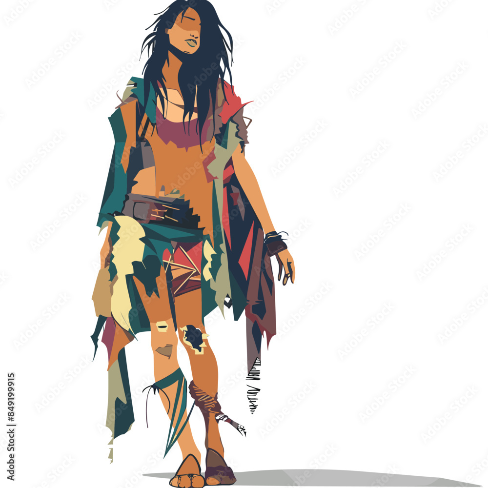 Obraz premium Tribal woman walking confidently, long black hair flowing, wearing colorful patchwork clothes, ethnic accessories. Earth tones dominate her attire, creating sense connection nature, tribal identity