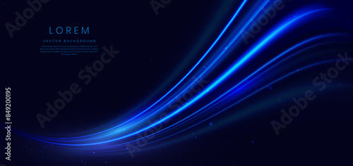 Abstract blue curve lines glowing on dark blue background with copy space for text.
