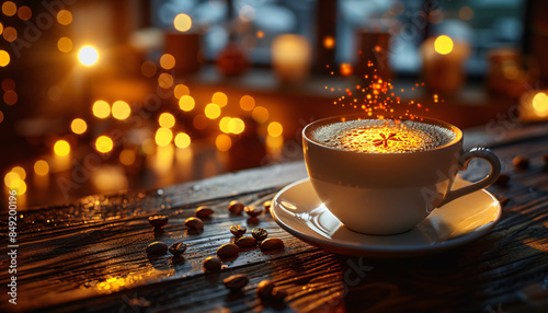 a cup of coffee on a wooden table photo