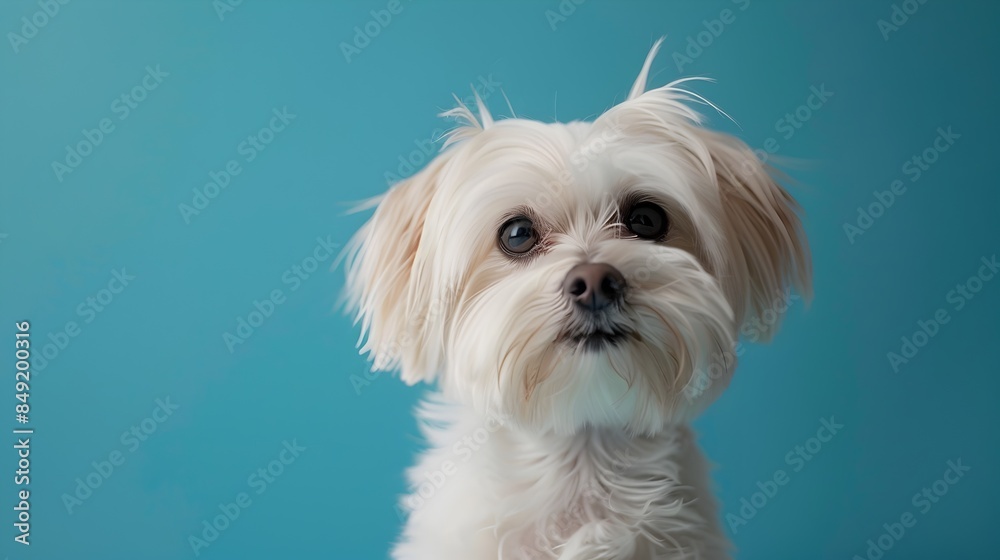 Adorable Fluffy White Maltese Puppy Dog Headshot in Blue Studio Background